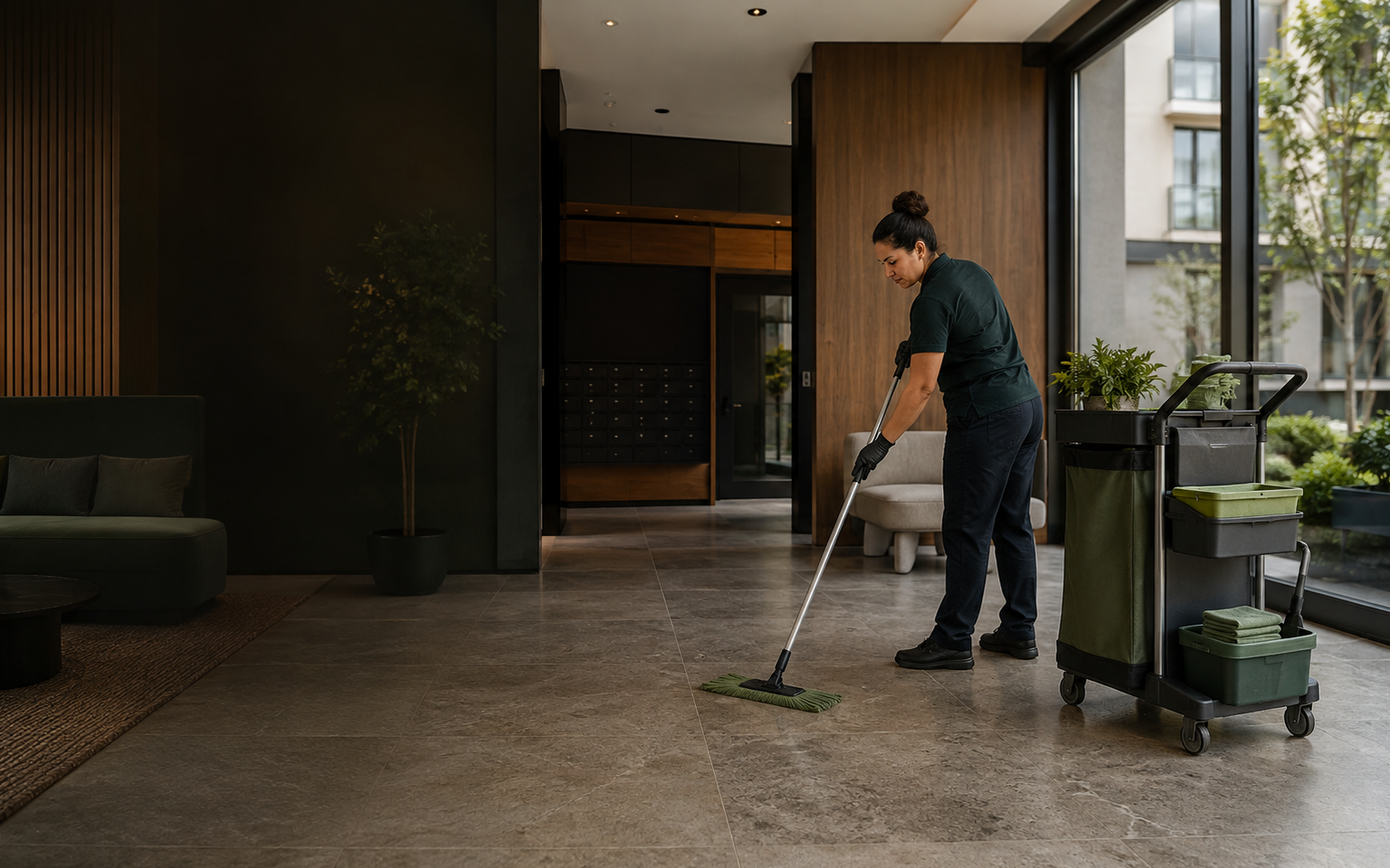 Janitorial professional cleaning a multifamily building lobby